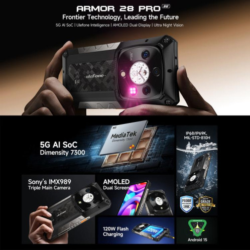  Téléphone robuste Ulefone Armor 28 Pro, 16 Go + 512 Go, vision nocturne, 10 600 mAh, écrans 6,67 pouces + 1,04 pouce, Android 15, MediaTek Dimensity 7300 Octa Core, réseau : 5G, NFC (noir) SU891B1607-025